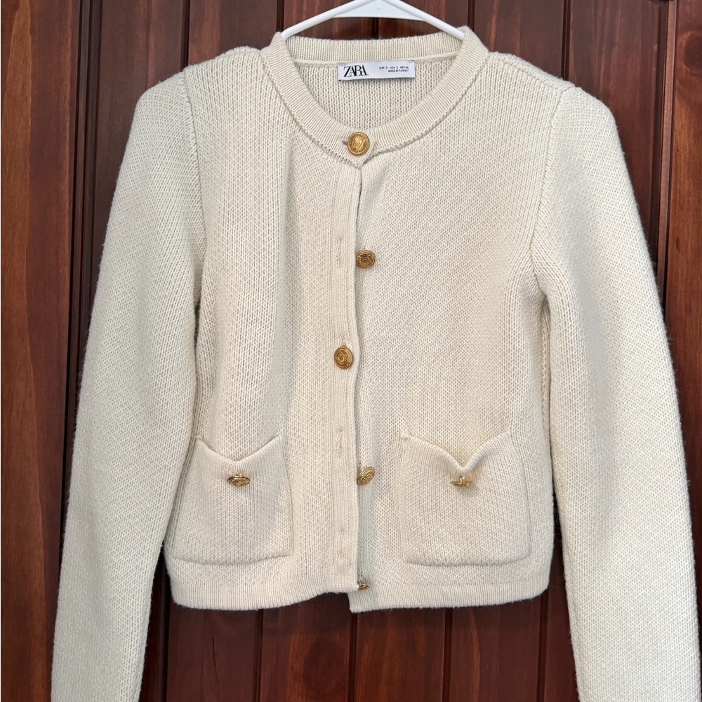 Zara Ivory Knit Sweater with Gold Buttons